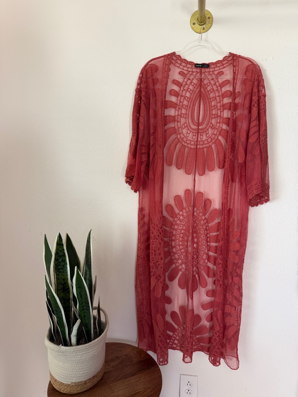 SHEIN Rust Red Sheer Embroidered Long Kimono